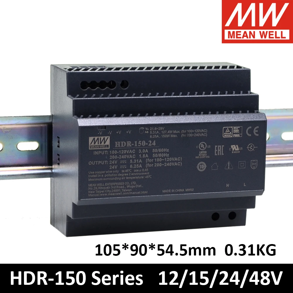 Meanwell - HDR-150-24, Meanwell, Ray Tipi, dar, ince, SMPS, 24Vdc, Güç Kaynağı, Power Supply