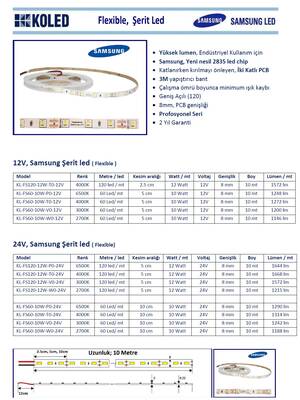 KL-FS60-10W-P0-24V, Samsung Beyaz Şerit led, 6500K, 24V, 60led/mt, 10W/mt
