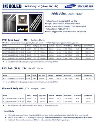 KL-LCV100-ALU-60L-24V-P0-281B, Samsung 24V Led Çubuk, Sabit voltaj, 6500K, Yüksek Lümen