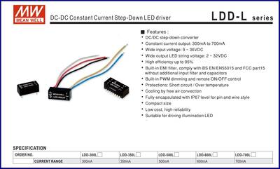 LDD-350L, DC Girişli, Sabit akım, DCDC, Led driver, Giriş: 9~36Vdc, Çıkış:2~32Vdc, 350mA, step-down