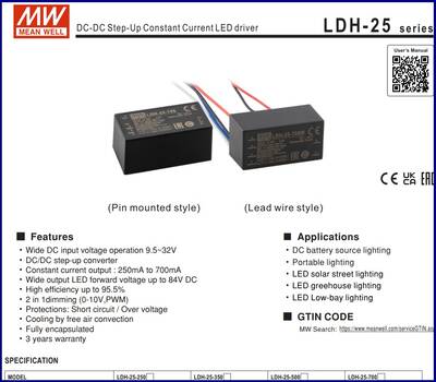 LDH-25-350, DC input, Sabit akım,Led surucu, led driver, 9.5~32Vdc>12.5~72Vdc 350mA step-up