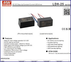 LDH-25-500, DC-DC, Sabit akım, led driver, led sürücü, Meanwell 9.5~32Vdc>12.5~50Vdc 500mA step-up - Thumbnail