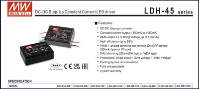 LDH-45B-1050, DCGiriş, Sabit akım, led driver, ledsürücü, Giriş: 18~32Vdc, Çıkış: 21~43Vdc, 1050mA, step-up