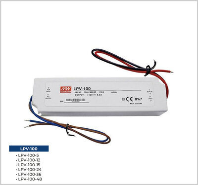 LPV-100-12, Meanwell, Güç Kaynağı, 12V, 8.5A, IP67. Plastik, ince, slim, power supply, Led, trafo