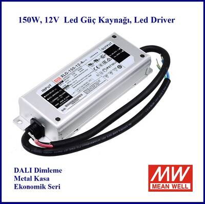 XLG-150-12, Meanwell, Metal kasa, Dış Mekan, IP67, Led Trafo, 12Vdc, 12.5Amp, Sabit Voltaj, Şerit led, Adaptör, Led driver, DALI, Dimli
