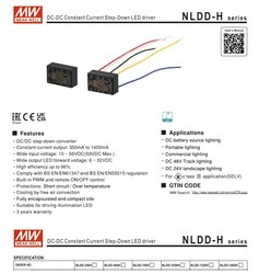 Meanwell - NLDD-700H, Sabit Akım, Step-Down, Led driver, DCDC, Converter, Giriş: 10~56Vdc, Çıkış:6~52Vdc, 700mA, step-down