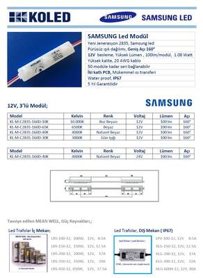 KL-M-C2835-160D-40K, Samsung 3'lü Modül led, Naturel, beyaz, 4000K, 12V, Lightbox led