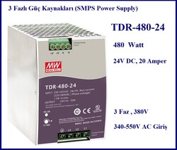 Meanwell - TDR-480-24, 3 Fazlı, SMPS, 24V 20A, Power supply, 380V, Trifaze Güç Kaynağı