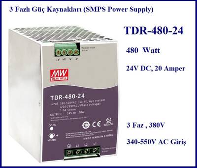 TDR-480-24, 3 Fazlı, SMPS, 24V 20A, Power supply, 380V, Trifaze Güç Kaynağı